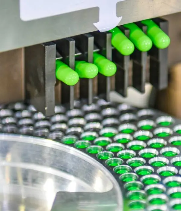 linea produccion pildoras medicina capsula verde concepto farmaceutico industrial TAIB